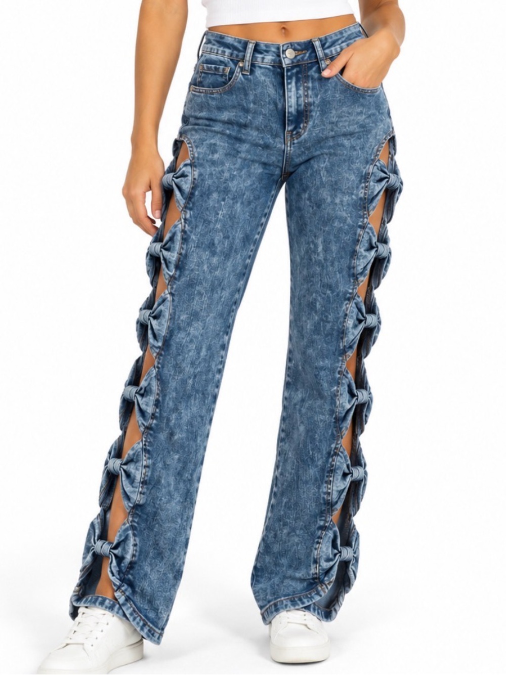 Venus Acid Wash Cutout Bow Side Blue Denim Jeans with Side Knot Detail SZ 4